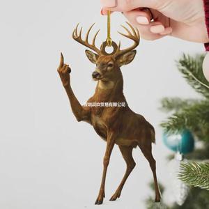 Funny <b>Deer</b> Buck Fukin' Finger Christmas Hanging Ornament Plastic Full Color Hand <b>Painted</b> Festival Decor - Product Image 1
