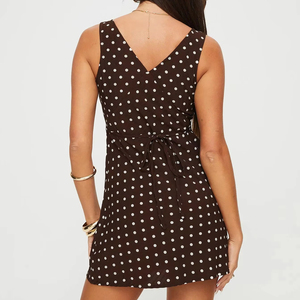 Vestido Mini Sexy para Mujer, Color Marrón con Puntos, Cinturón Tejido, Escote Profundo en V, Lazo en la Espalda, Estilo Línea A, Ideal para Fiestas y Vacaciones de Verano - Product Image 4