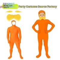 Costume d'Halloween en soie HESPER avec barbe jaune et sourcils, combinaison orange révélant le visage pour la fête d'Halloween des hommes