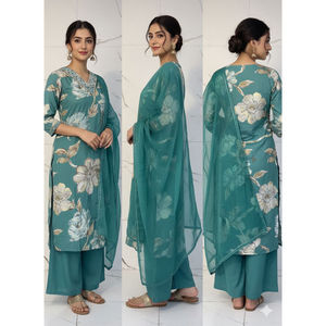 Nouvel ensemble 3 pièces pour femme, le plus vendu, bleu, en rayonne, style ethnique, pour fêtes et occasions, avec peplum, dhoti et dupatta élégant, en matériaux recyclés. - Product Image 2