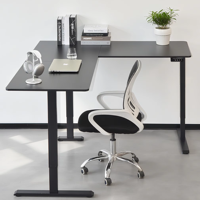 Bureau d'angle électrique moderne en L, construction métal-bois, poste de travail ergonomique assis-debout pour bureau à domicile, écologique