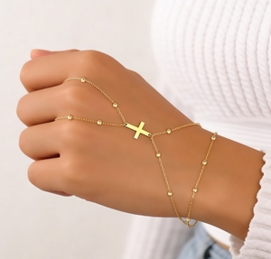 Gioielli Inspire, Catena da Dito a Doppio Strato in <span class=keywords><strong>Acciaio</strong></span> Inox con Perline e Croce, Regalo per la Festa della Mamma, Gioielli per Feste - Product Image 2