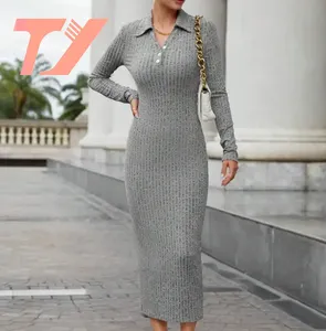 TUOYI OEM Custom Rib Knitted Polo-neck Long Sleeves Women Dress Solid Ribbed Knit Bodycon Dress
