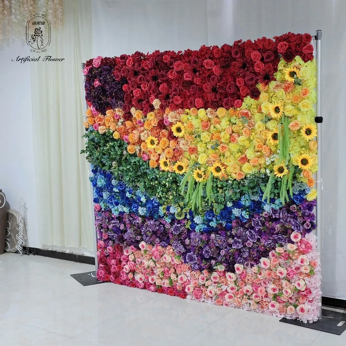 Pabrik Kustom 8ft * 8ft Warna-warni Pelangi Bunga Folar Buatan Latar Belakang Dinding dengan Kain Bawah