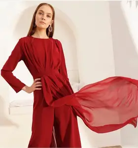 Vlakte Effen Kleur Dubai Turkije Hoge Taille Bescheiden Kaftan Lange Blouse Chiffon Abaya Met Riem Moslim Jurken Voor Vrouwen