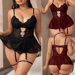 Sous-vêtements sexy grande taille <span class=keywords><strong>pour</strong></span> fille ronde, combinaison sexy en dentelle européenne et américaine, <span class=keywords><strong>porte</strong></span>-jarretelles rouge, pyjama, ensemble de pyjama 8983 - Product Image 1