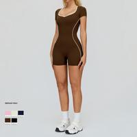 Combinaison de sport pour femme MAYYOUNG avec logo personnalisé, dos ouvert, manches courtes, blocs de couleur, coupe ajustée, avec bordures contrastées