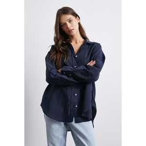 เสื้อเชิ้ตผ้าลินินโอเวอร์ไซส์ผู้หญิง สีกรมท่า สไตล์ลำลอง ติดกระดุม แบบเรียบง่าย ใส่ได้ทุกวัน - Product Image 4