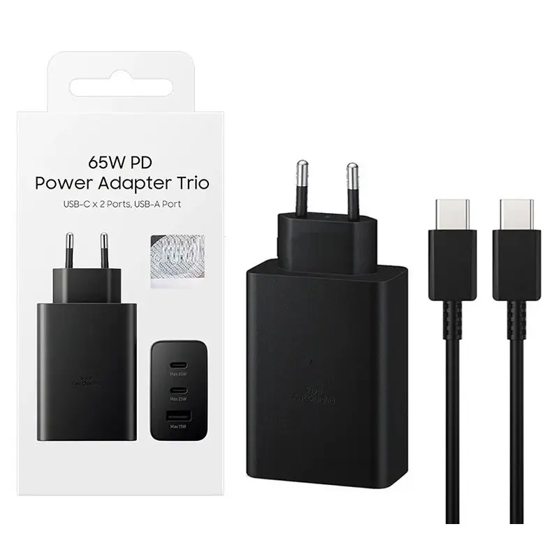 Precio al por mayor 65W GaN adaptador trío tipo C y cargador USB carga rápida portátil súper rápido cargador para Samsung S24