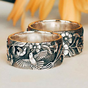H176 <b>Silver</b> <b>Wedding</b> <b>Bands</b> Antique <b>Silver</b> Plated Flower Pattern Unisex Rings For <b>Wedding</b> Occasion - Product Image 1