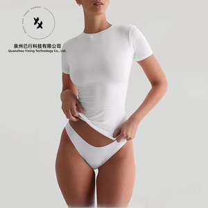 T-shirt personnalisé par le fabricant, 95% coton, 5% élasthanne, t-shirt pour femme, crop top, manches courtes, ajusté, compression, sport, gym - Product Image 1