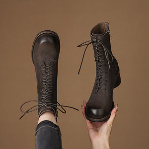 Meilleures ventes : Bottes mi-mollet décontractées en cuir de vachette pleine fleur, couleur unie, style rétro, avec ceinture décorative, imperméables, antidérapantes, à talon épais et confortable - Product Image 6