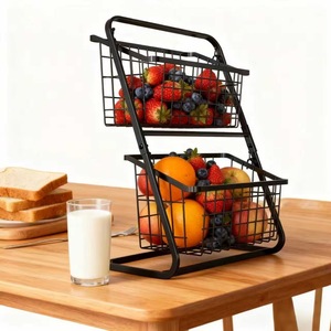 Metal <b>Wire</b> <b>Storage</b> <b>Basket</b> Double Layer Fruit Rack Desktop Organizer Black Durable Standing Type Rectangle Shape - Product Image 3