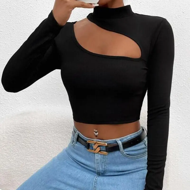 Europe Amérique Creux Manches Longues Découpé Crop Top Summer Streetwear Col Haut T-shirt à Manches Longues