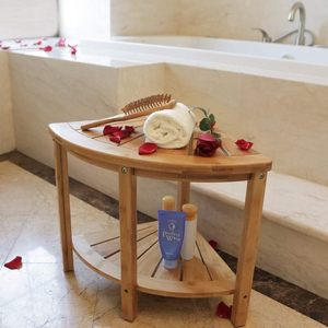 Tabouret de douche d'angle en bambou 33D x 33L x 43.2H pliable avec étagère de rangement pour baignoire et douche - Product Image 2