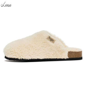 Fabricant OEM Logo personnalisé Automne Hiver Cachemire Fourrure Bout Fermé Pousser Pantoufles <span class=keywords><strong>pour</strong></span> Femme <span class=keywords><strong>Homme</strong></span> avec Semelle Plate en Liège Maison Pantoufles - Product Image 1