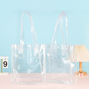 Customized Logo & Color Transparent PVC Shopping Bag with Button Clear Plastic Tote for Gifts Promotional Item for Spot Goods
