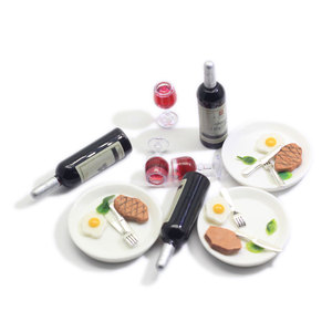 10 ensembles de miniatures pour maison de poupée : vin rouge, steak de bœuf, vaisselle, modèle alimentaire de cuisine, jouet décoratif, accessoires pour maison de poupée - Product Image 1