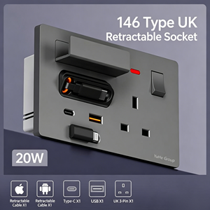 YuHe Group 146 Type UK Retractable Socket 20W USB-<b>C</b> USB-A 1 Outlet 1 Switch Plastic Modern Wall Socket - Product Image 1