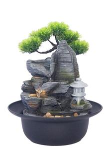 Fuente de Agua Decorativa Zen Oriental con <span class=keywords><strong>Pagoda</strong></span> de Montaña, Cascada de Rocas en Capas de Resina y Pino Artificial - Product Image 1