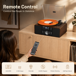 Tourne-disque en bois classique avec lecteur <span class=keywords><strong>CD</strong></span> <span class=keywords><strong>et</strong></span> <span class=keywords><strong>radio</strong></span> FM, haut-parleurs stéréo intégrés <span class=keywords><strong>pour</strong></span> l'écoute à domicile - Product Image 5