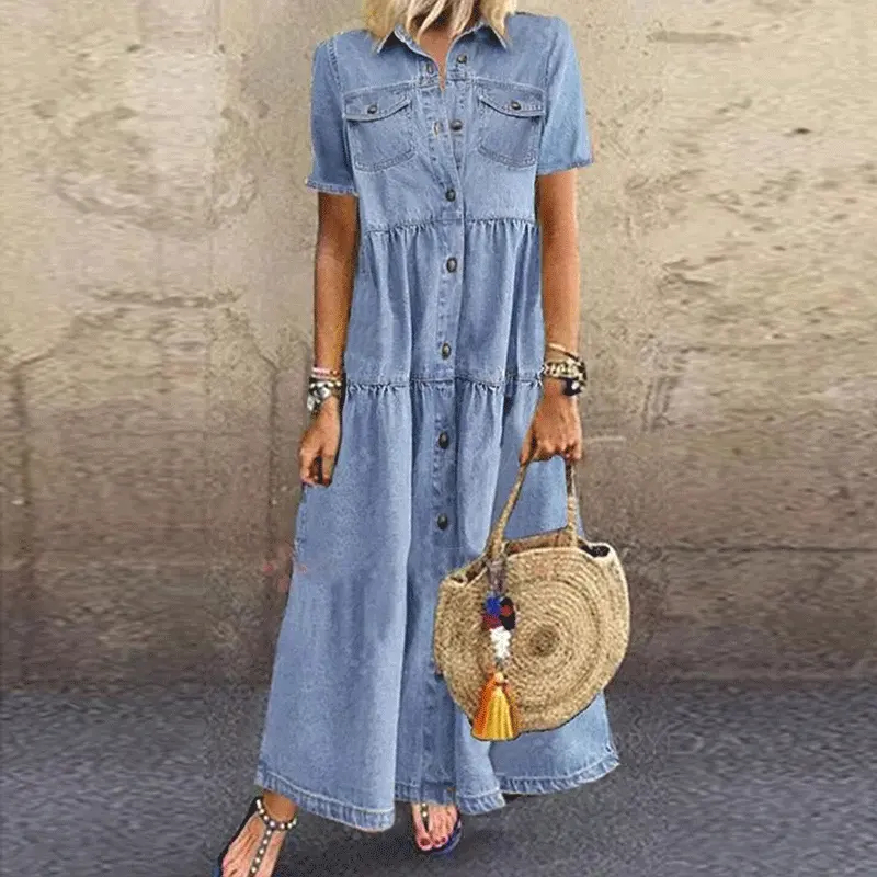 Hot Vintage Solid Color Women's Casual Shirt Dress Short Sleeve Pocket Button Maxi Long Dress Spring Summer Denim Shirt Dress