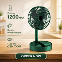 Ventilateur de table pliable télescopique portable en plastique pour la maison, 16 pouces, faible bruit, rechargeable par USB, avec lumière