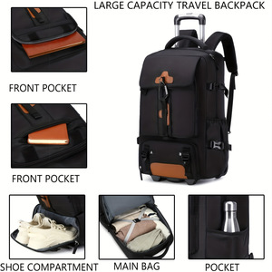 <b>Rolling</b> Weekender <b>Backpack</b> Large Capacity Oxford Fabric Travel Hiking Wheels Lightweight Laptop Trolley Bag Polyester Lining - Product Image 4