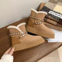 Sepatu Bot Wanita Hiasan Berlian Imitasi Model Ujung Bulat untuk Musim Dingin