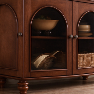 Credenza Rustica Americana Vintage in Legno Massello con Vetrina, Mobile Buffet Retrò per Sala da Pranzo, Credenza Portabottiglie per Villa - Product Image 5