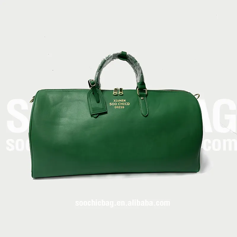 Custom Green Vegan Leather Luggage Travel Duffel Bag Weekend Bag For Women