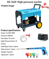 Nouvelle Pompe de Lavage à Haute Pression Électrique Portable à Eau Froide 5.5kW 380V/220V 200Bar 16L/min avec Tuyau de 10m et 4 Buses pour Usage Industriel 7.5