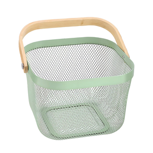 Hộ gia đình kim loại lưới lưu trữ hàng hóa giỏ với tay cầm bằng gỗ - Product Image 1