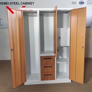 家庭用家具 寝室 多機能ワードローブ クローゼット 木目調プリント 3ドア スチール製ワードローブ 鏡と引き出し付き - Product Image 5