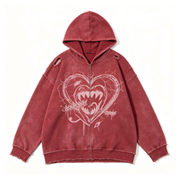 Sweat à capuche zippé rouge bordeaux vieilli, motif graffiti cœur d'horreur Kornit DTG, coupe oversize ample style streetwear