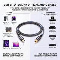Câble audio optique USB-C Toslink plaqué or avec blindage tressé de 2 m pour haut-parleur de voiture, ordinateur, lecteur DVD, HDTV