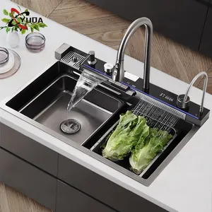 Fregadero de cocina de acero inoxidable moderno de lujo Nano negro Pantalla digital Led antiarañazos Fregadero de cocina de cascada