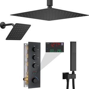 Système de douche pluie en laiton nickel brossé - Pommeau de pluie de plafond 16 pouces, douchette à main, jets latéraux muraux, ensembles de robinetterie thermostatique, glissière - Product Image 1