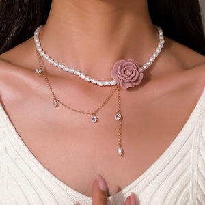 Collar floral de perlas sintéticas con lazo de diamantes de imitación, cadena de clavícula de varias capas para mujer, joyería de aniversario - Product Image 1