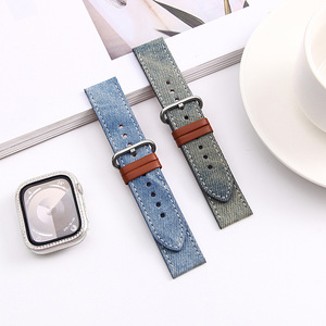 Correas de reloj híbridas de cuero y mezclilla estilo verano Upro New Design para Apple S10 Huawei GT5, color azul claro, estilo retro, bandas de reloj de mezclilla azul. - Product Image 1