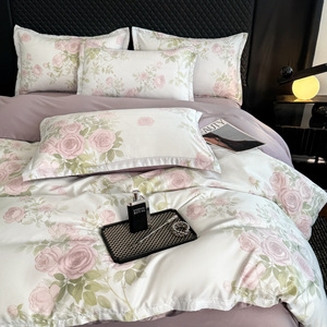Nouveau 4 pièces Rose motif imprimé <span class=keywords><strong>Polyester</strong></span> lavé imité Lyocell feuille <span class=keywords><strong>housse</strong></span> <span class=keywords><strong>de</strong></span> <span class=keywords><strong>couette</strong></span> et taie d'oreiller literie pour la maison - Product Image 1