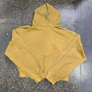 定制徽标法式毛圈布超大印花水钻拉链连帽衫，宽松休闲 Y2K 风格，男式宽松版型连帽衫 - Product Image 3