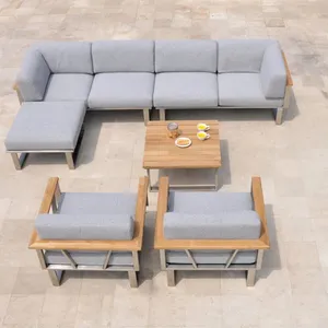 Modernes Aluminium Metall Outdoor Patio Möbel Set Schnitts ofa mit Teakholz Couch tisch