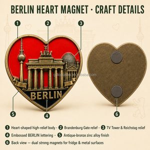 Imán de recuerdo de Berlín 2026, forma de corazón, logotipo en relieve 3D, Puerta de Brandenburgo, bronce antiguo, aleación de zinc, venta al por mayor, personalizado de fábrica - Product Image 2