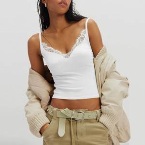 Nouveau débardeur court côtelé en maille unie à col en V sexy en dentelle, style européen et américain, pour femme, vêtement de base décontracté - Product Image 1