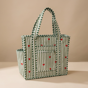 Sac fourre-tout matelassé en coton léger à rayures et imprimé cœurs, avec fermeture éclair et chaînes, sac à bandoulière réutilisable pour le shopping, les voyages et les courses - Product Image 2