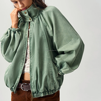 Blouson Bomber en Jean Surdimensionné pour Femme, Col Montant, Zippé, Style Décontracté, Effet Délavé, Veste Utilitaire
