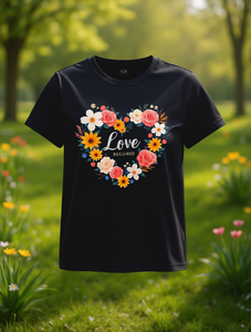 T-shirt da donna Aqua con stampa floreale a cuore, manica corta, girocollo, traspirante, 100% cotone, casual, primavera estate - Product Image 2