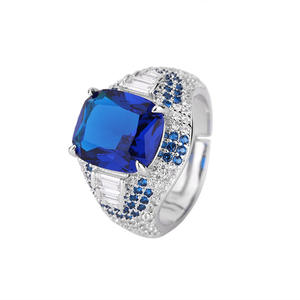 Bijoux de mode écologiques en cuivre, 10*12MM, zircon bleu, imitation verre bleu, strass carré, anneaux ajustables pour femmes - Product Image 1