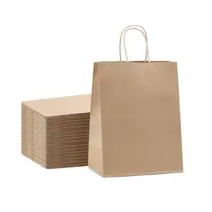 Sac en papier Kraft brun uni avec poignée torsadée, sacs de magasin en papier personnalisés avec votre propre Logo